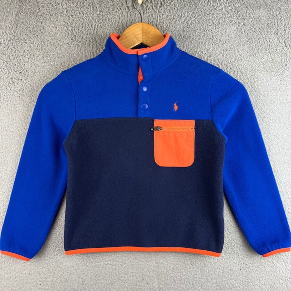 Polo Ralph Lauren Other - Polo Ralph Lauren Kids Fleece Pullover Blue Navy Orange Snap Mock Neck Size 5